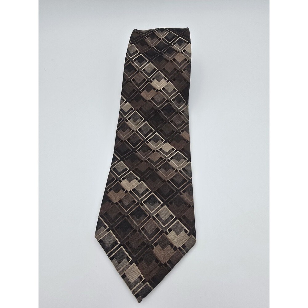 Bugatti 100% Silk Tie Brown Geometric Squares Classic Modern Necktie 58”x3.5”